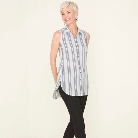 Chico’s No-Iron Linen Sleeveless Striped Tunic White Black Women’s Size 4 XXL - Picture 3 of 9